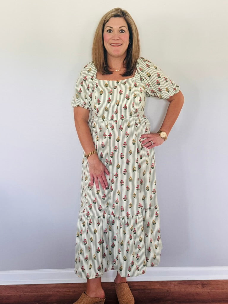 Mary Square Alexi Dress: Cottage Stripes Green